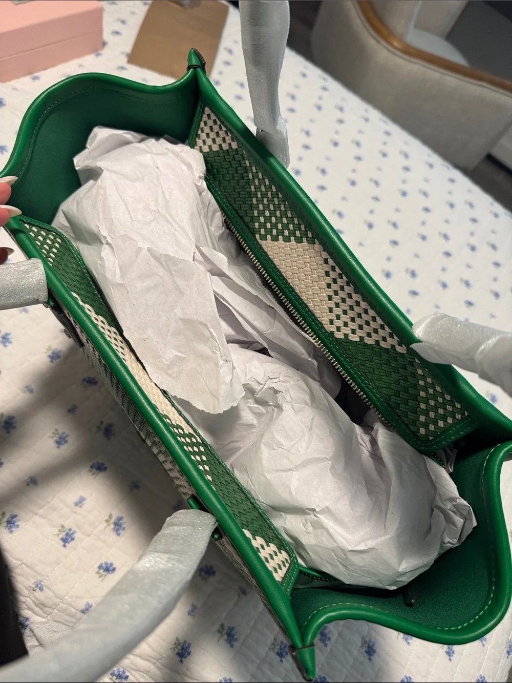 kate spade Green and White Woven Checker Large Tote